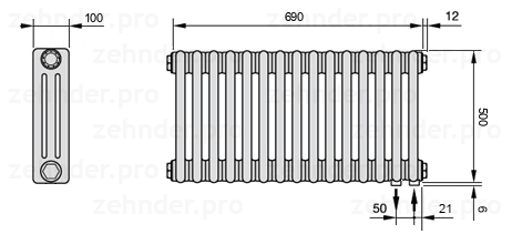 Схема (чертеж) Радиатор Zehnder Charleston 3050/15 №5510 Белый глянцевый RAL 9016